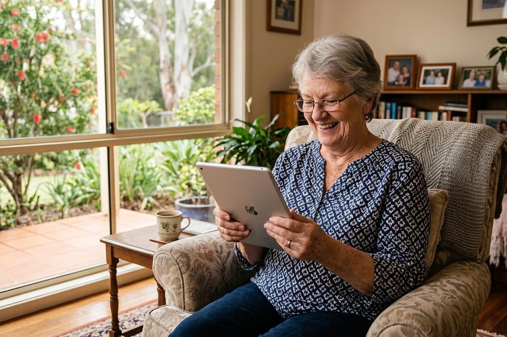 An older woman relaxing in her living room at home